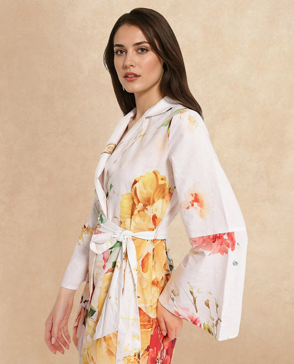 Rareism Women Tepeco Light Multi Bell Sleeves Lapel Neck Tie Up Straight Fit Floral Print Mini Dress
