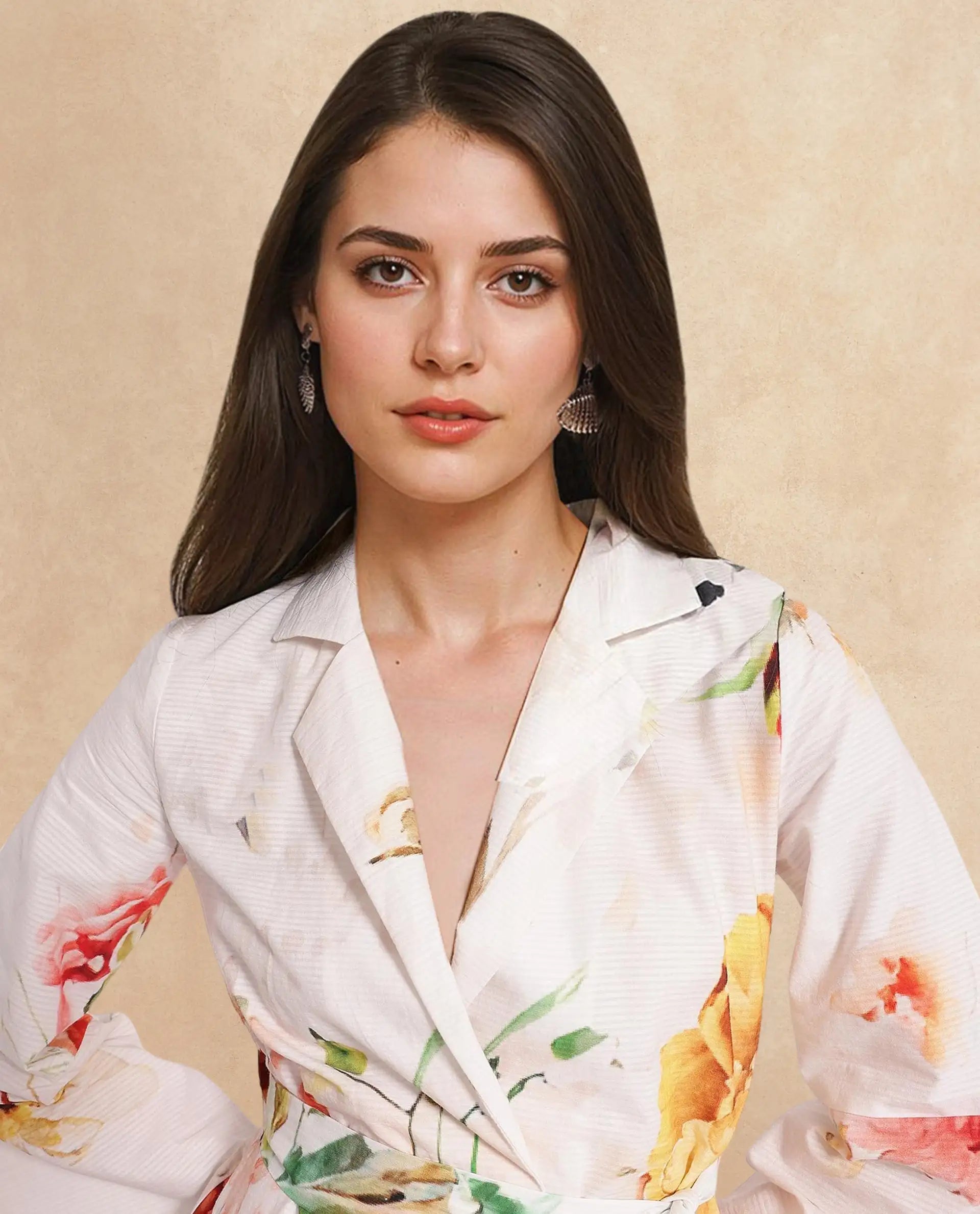 Rareism Women Tepeco Light Multi Bell Sleeves Lapel Neck Tie Up Straight Fit Floral Print Mini Dress