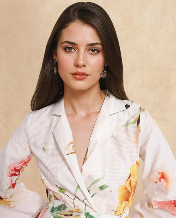 Rareism Women Tepeco Light Multi Bell Sleeves Lapel Neck Tie Up Straight Fit Floral Print Mini Dress