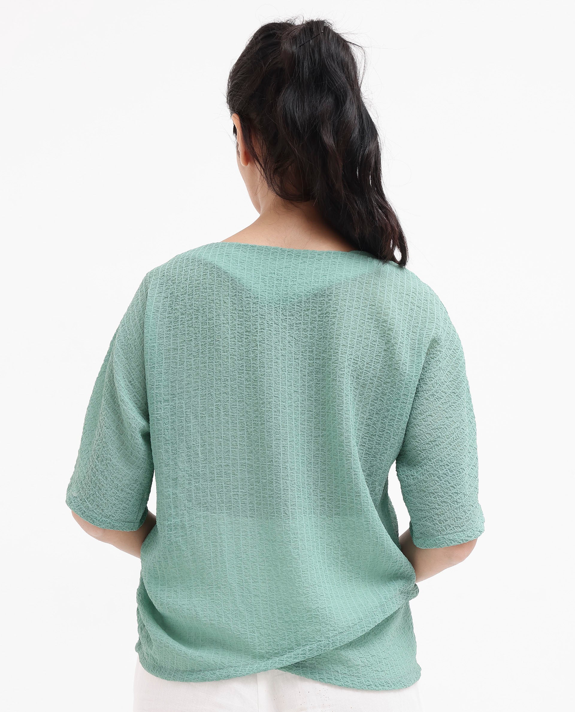 Rareism Women Texmer-SC Green Short Sleeve Boat Neck Plain Top