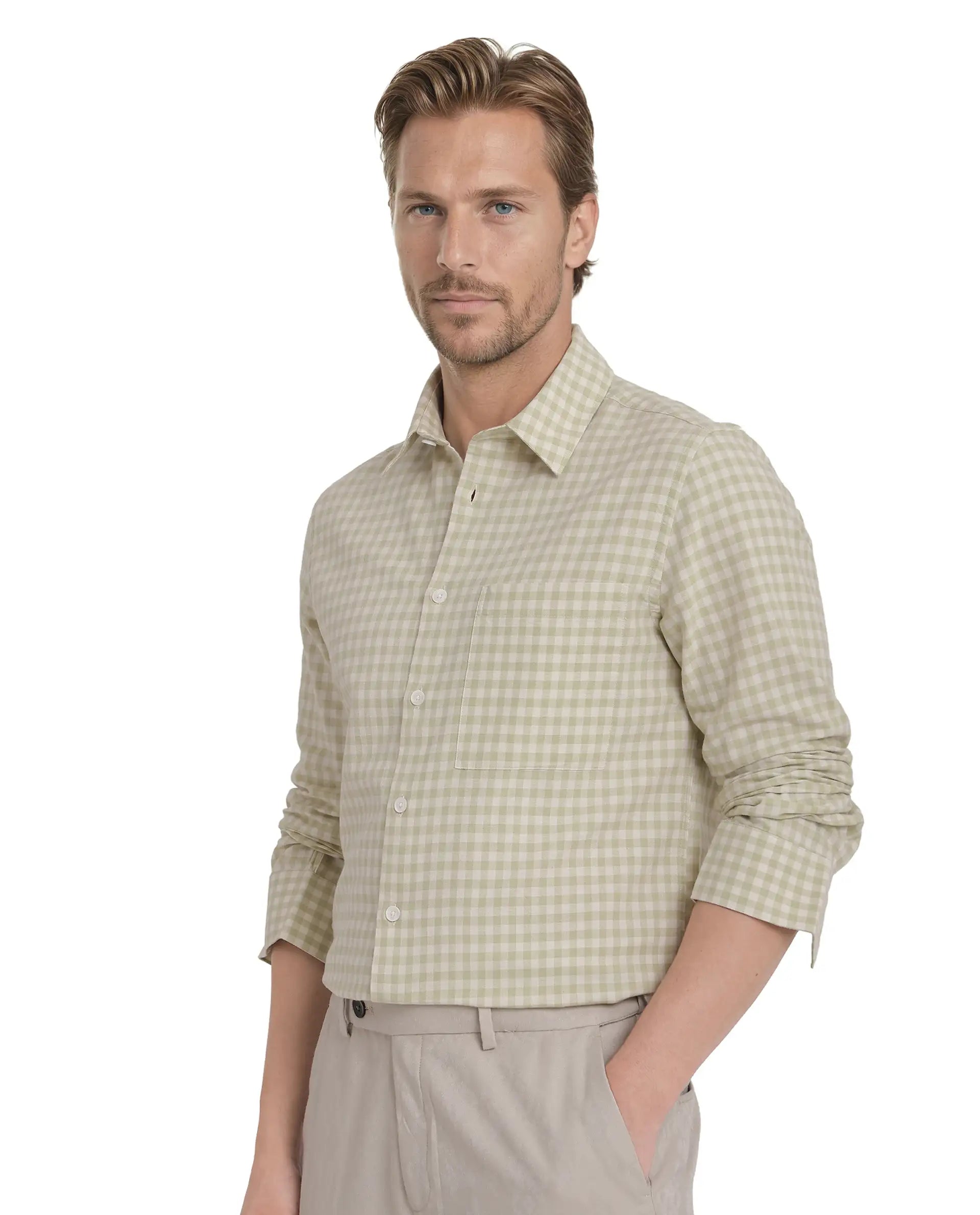 Rare Rabbit Men's Tickog Pastel Green Cotton Fabric Full Sleeve Regular Collared Button Closure Gingham Check Print Shirt