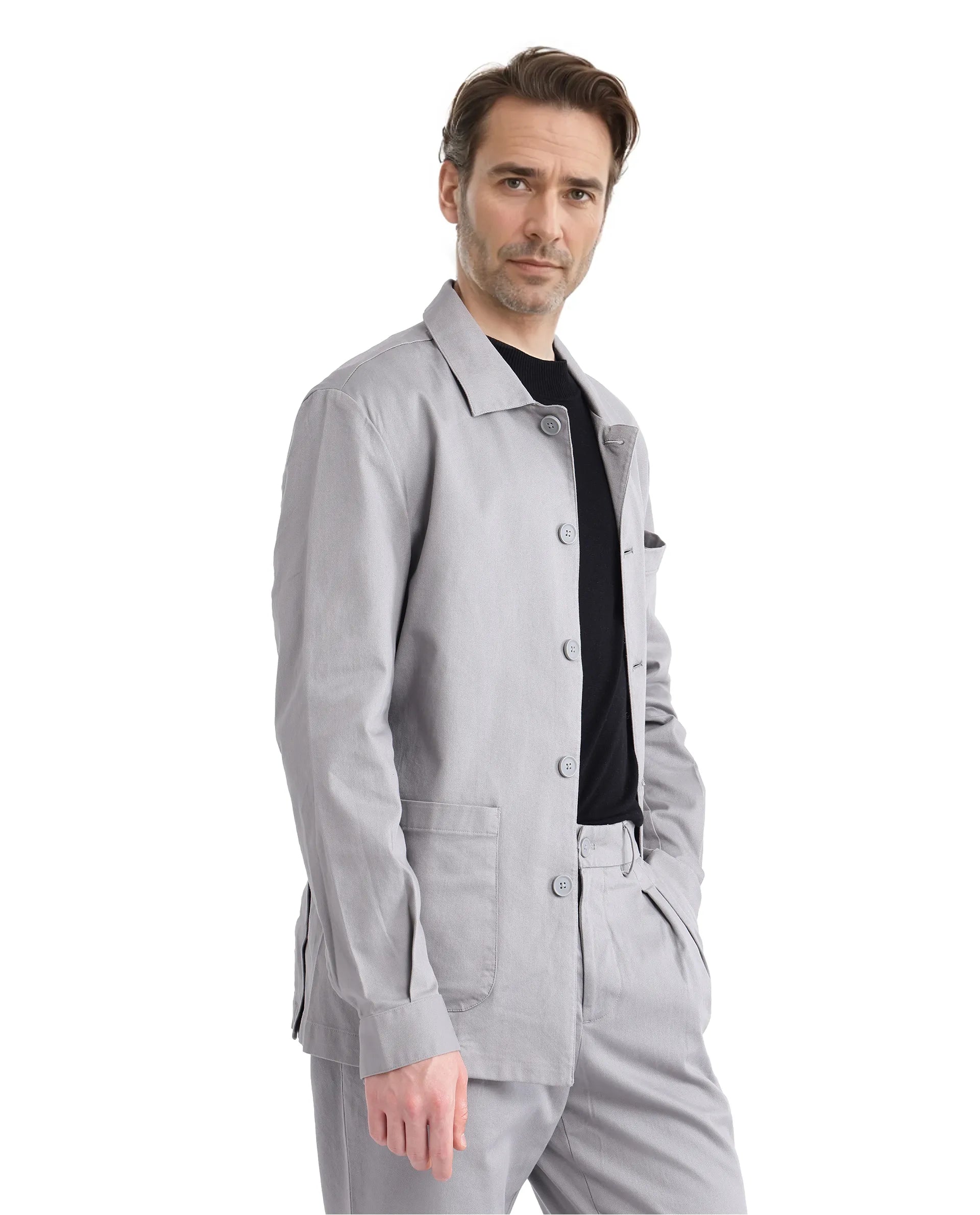 Rare Rabbit Men's Torroy Grey Cotton Fabric Full Sleeves Collared Neck Plain Jacket