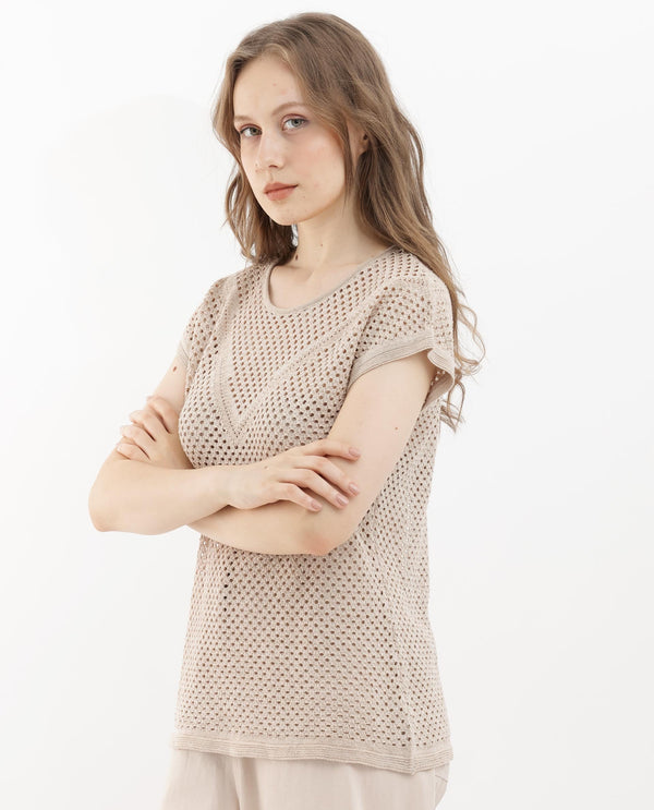 Rareism Women Totoro Gold Cotton Fabric Short Sleeves Round Neck Extended Sleeve Regular Fit Plain Top