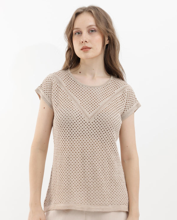 Rareism Women Totoro Gold Cotton Fabric Short Sleeves Round Neck Extended Sleeve Regular Fit Plain Top