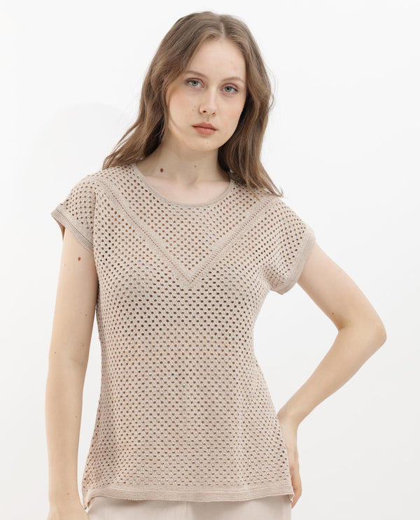 Rareism Women Totoro Gold Cotton Fabric Short Sleeves Round Neck Extended Sleeve Regular Fit Plain Top