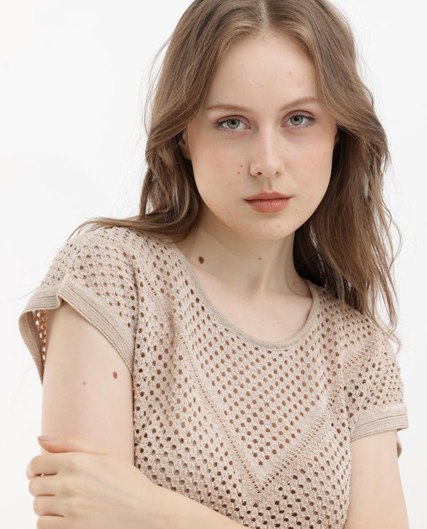 Rareism Women Totoro Gold Cotton Fabric Short Sleeves Round Neck Extended Sleeve Regular Fit Plain Top