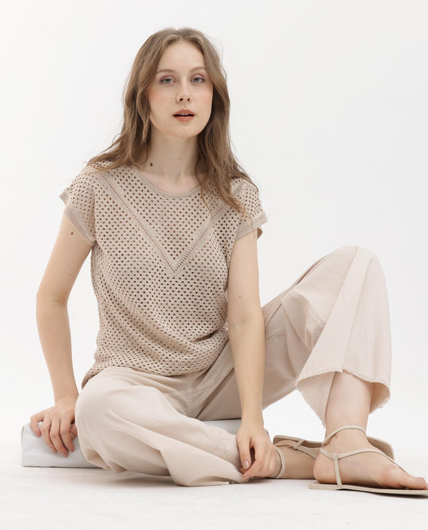 Rareism Women Totoro Gold Cotton Fabric Short Sleeves Round Neck Extended Sleeve Regular Fit Plain Top