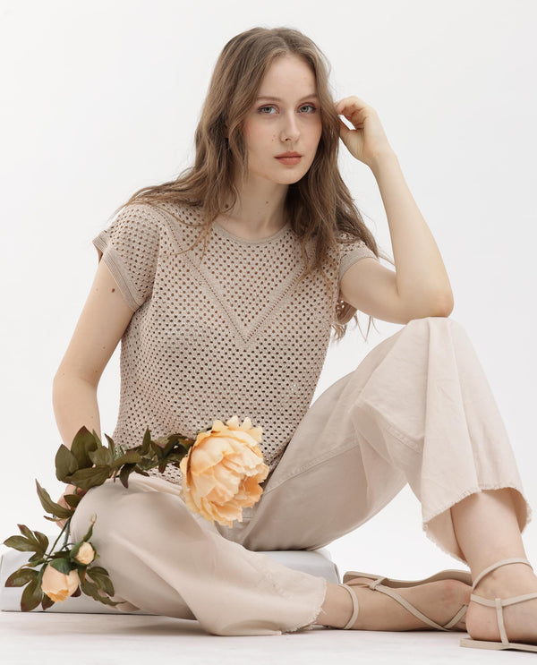 Rareism Women Totoro Gold Cotton Fabric Short Sleeves Round Neck Extended Sleeve Regular Fit Plain Top