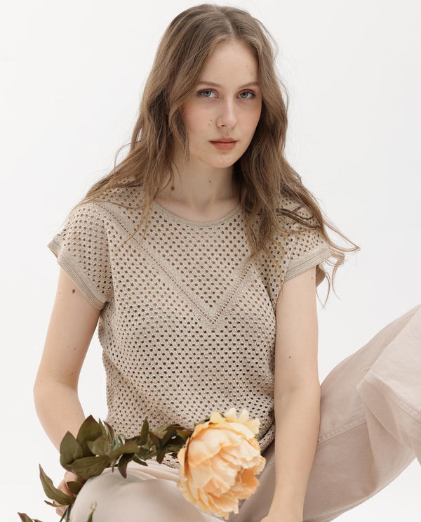 Rareism Women Totoro Gold Cotton Fabric Short Sleeves Round Neck Extended Sleeve Regular Fit Plain Top