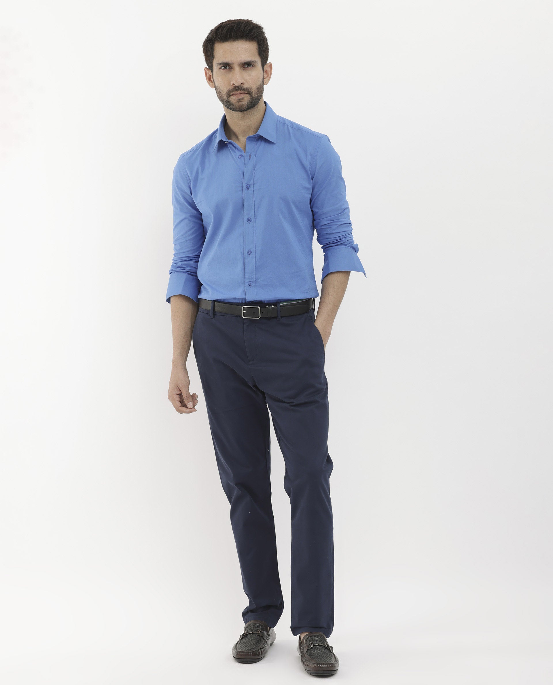 Rare Rabbit Mens Trello Navy Cotton Lycra Solid Trouser