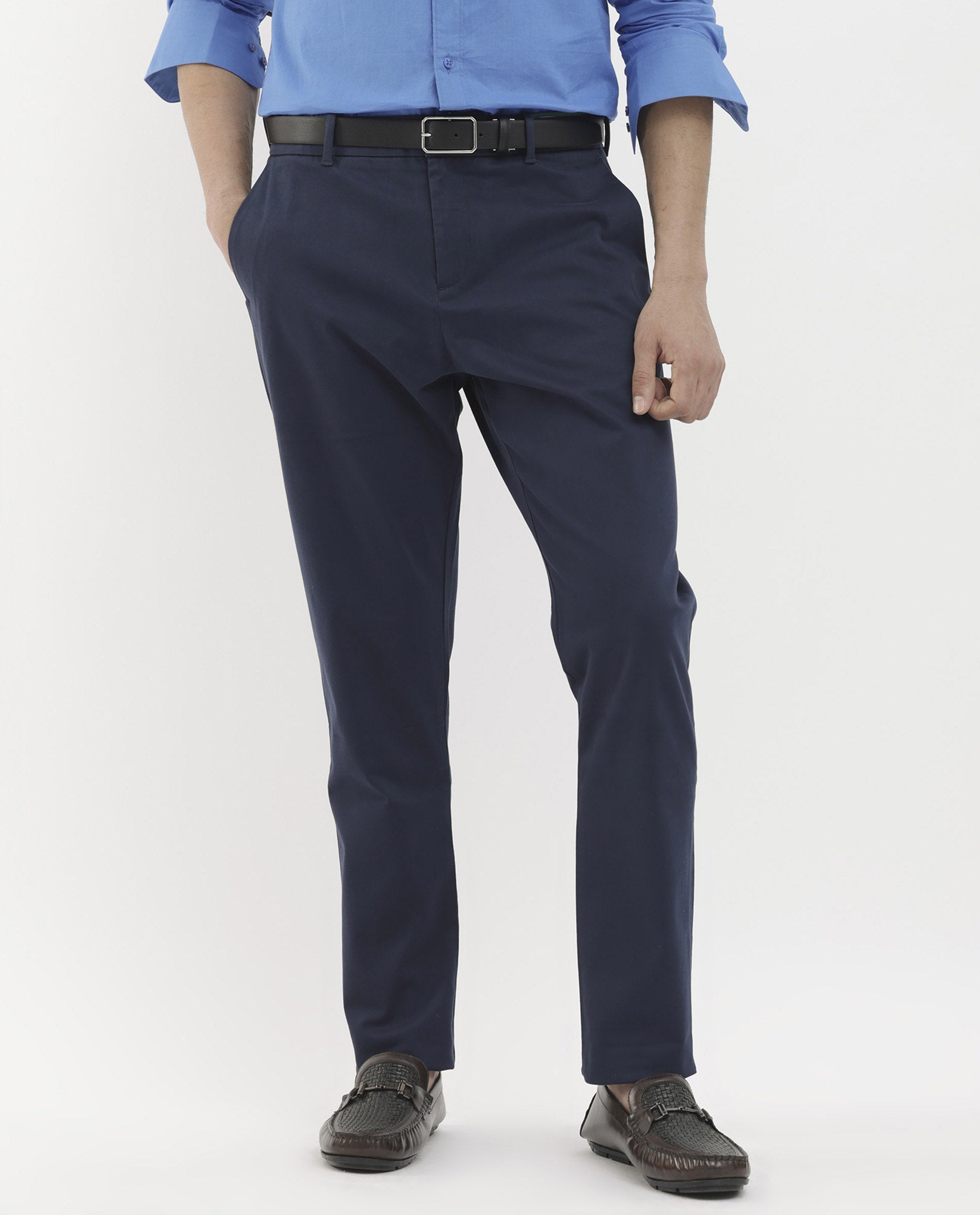 Rare Rabbit Mens Trello Navy Cotton Lycra Solid Trouser
