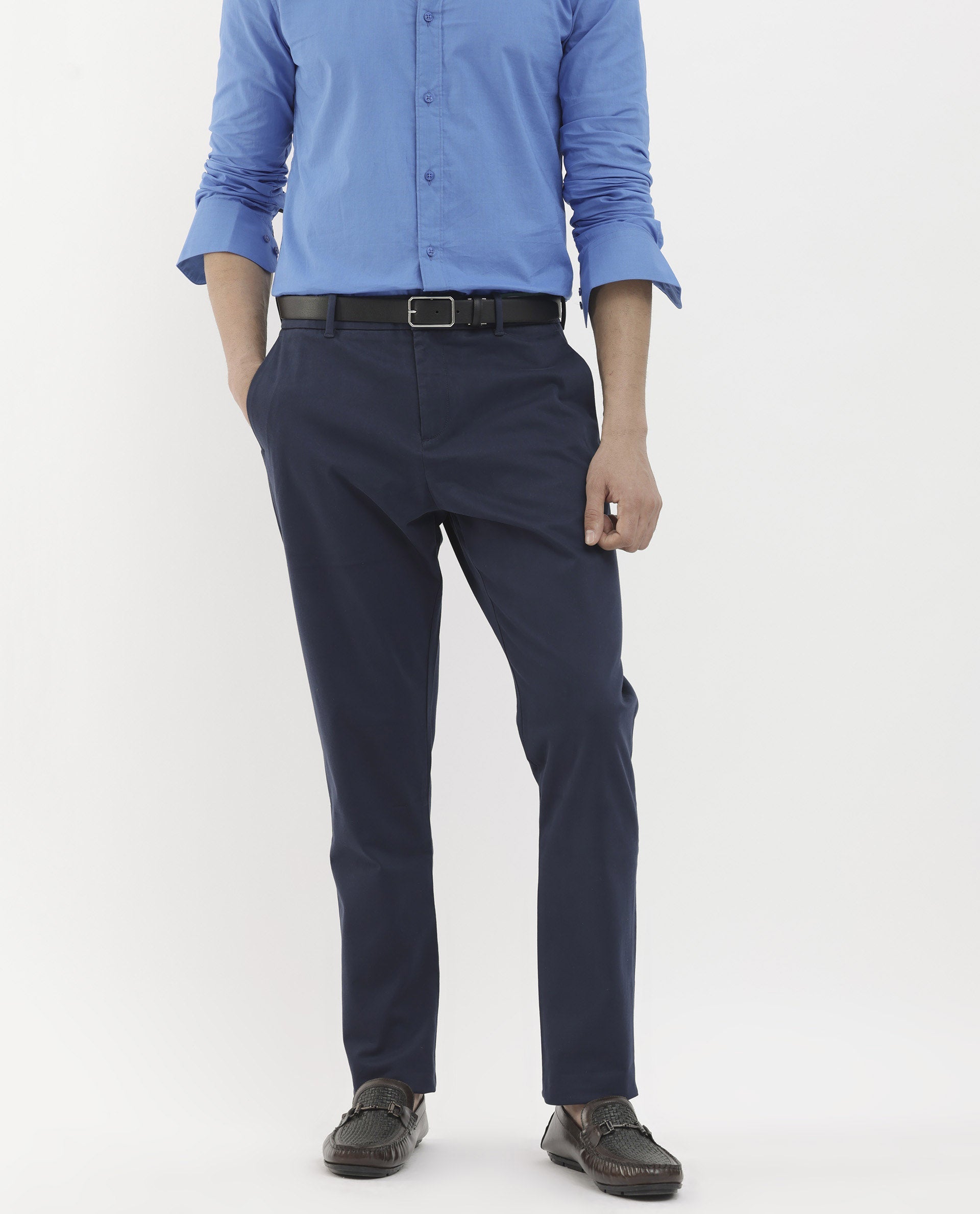 Rare Rabbit Mens Trello Navy Cotton Lycra Solid Trouser