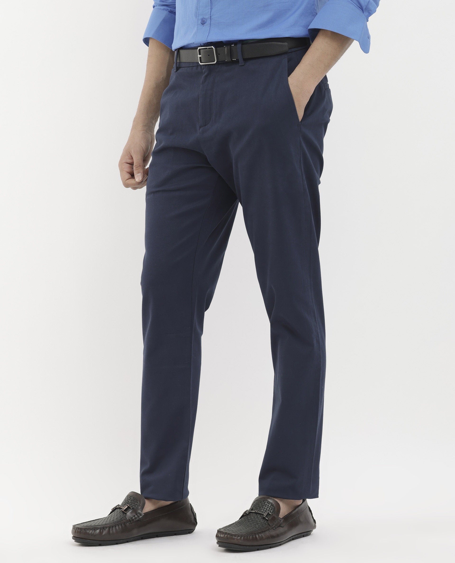 Rare Rabbit Mens Trello Navy Cotton Lycra Solid Trouser
