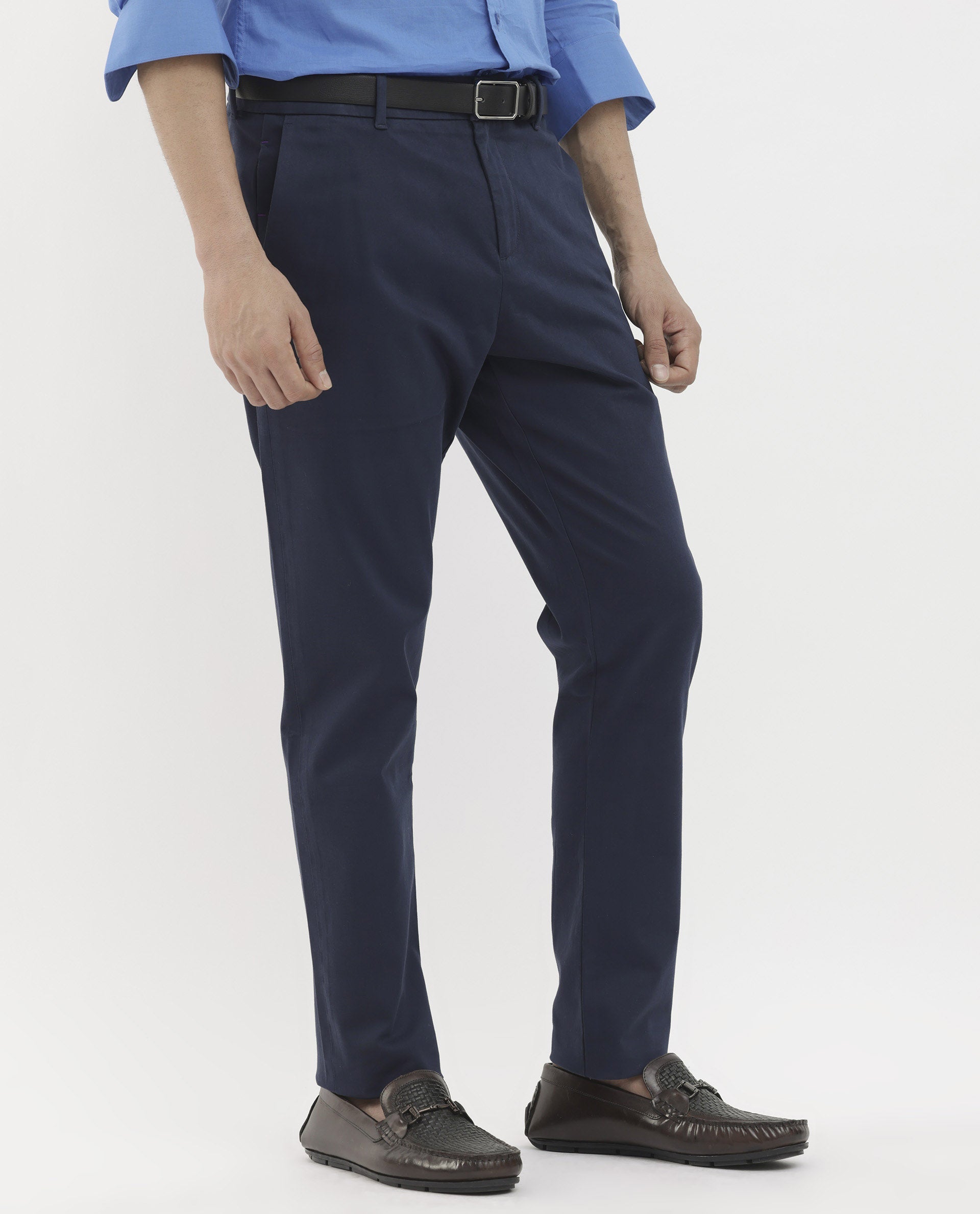 Rare Rabbit Mens Trello Navy Cotton Lycra Solid Trouser