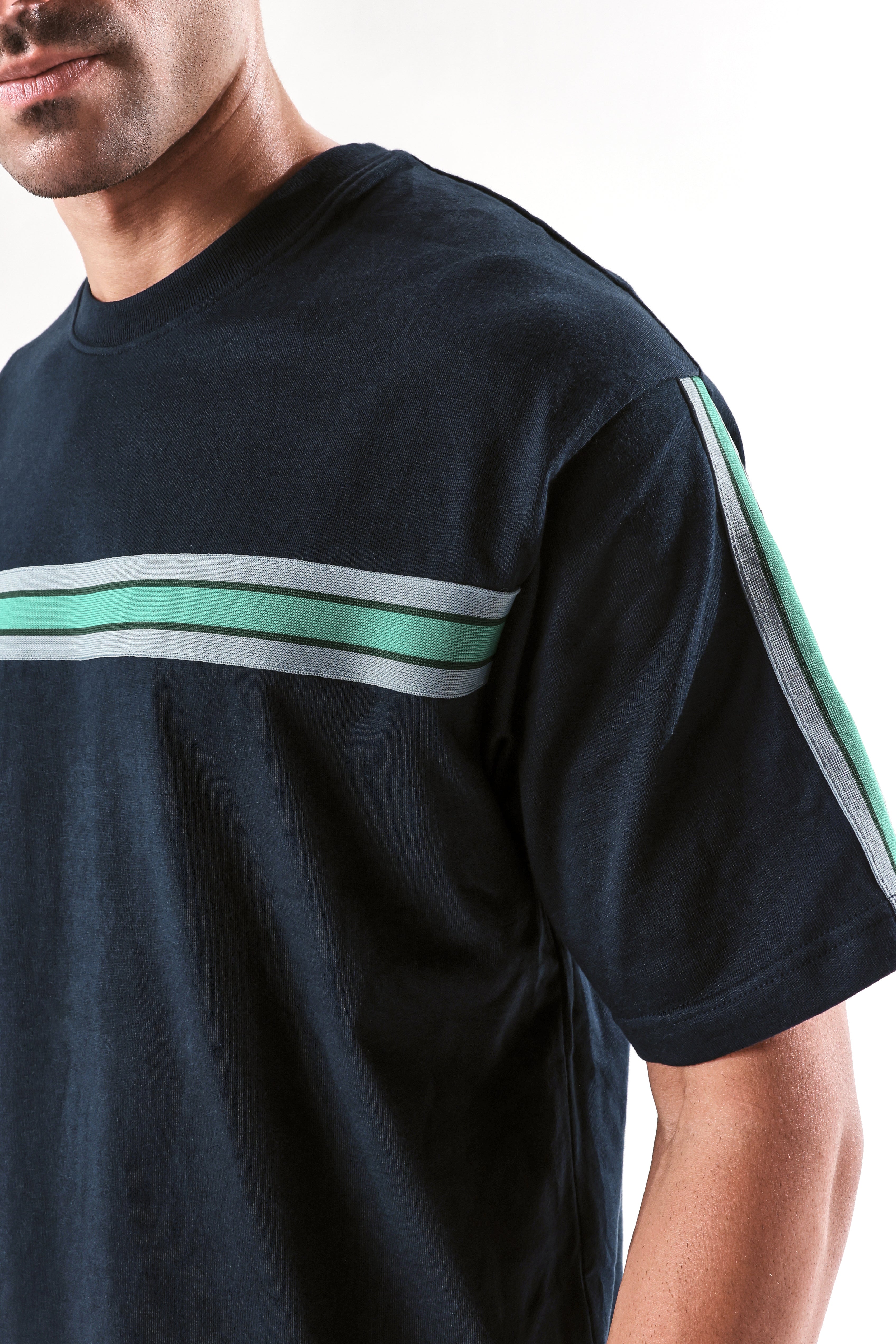 Rare Rabbit Men Newnon-T Navy Cotton Fabric Short Sleeves Tape Detailed Boxy Fit Crew Neck Plain T-Shirt