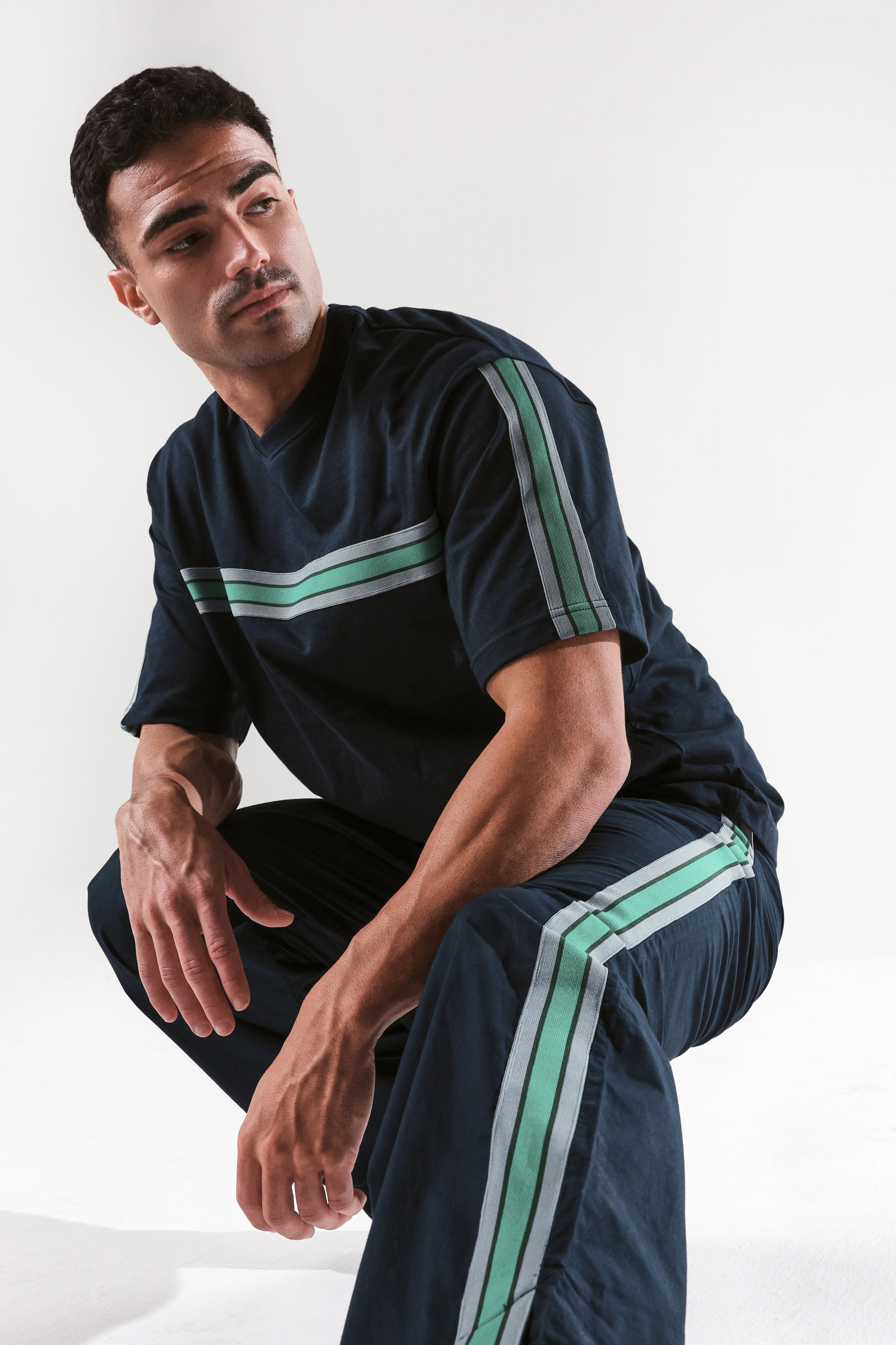 Rare Rabbit Men Newnon-T Navy Cotton Fabric Short Sleeves Tape Detailed Boxy Fit Crew Neck Plain T-Shirt