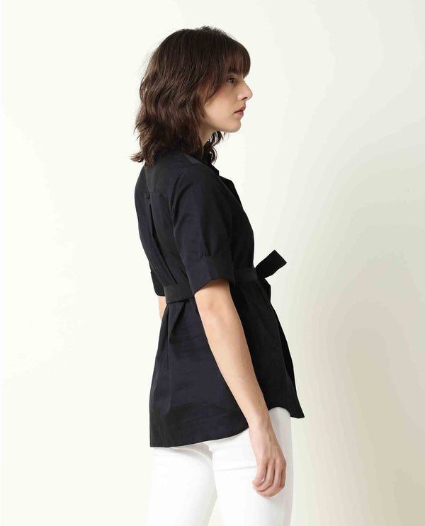 Rareism Womens Glitter Black Top Cotton Satin Fabric Regular Fit 3/4 Sleeve Collared Neck