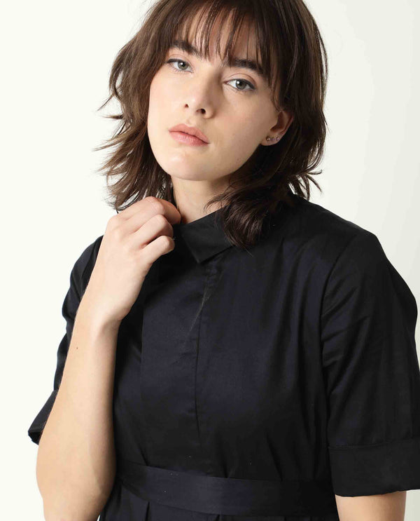 Rareism Womens Glitter Black Top Cotton Satin Fabric Regular Fit 3/4 Sleeve Collared Neck