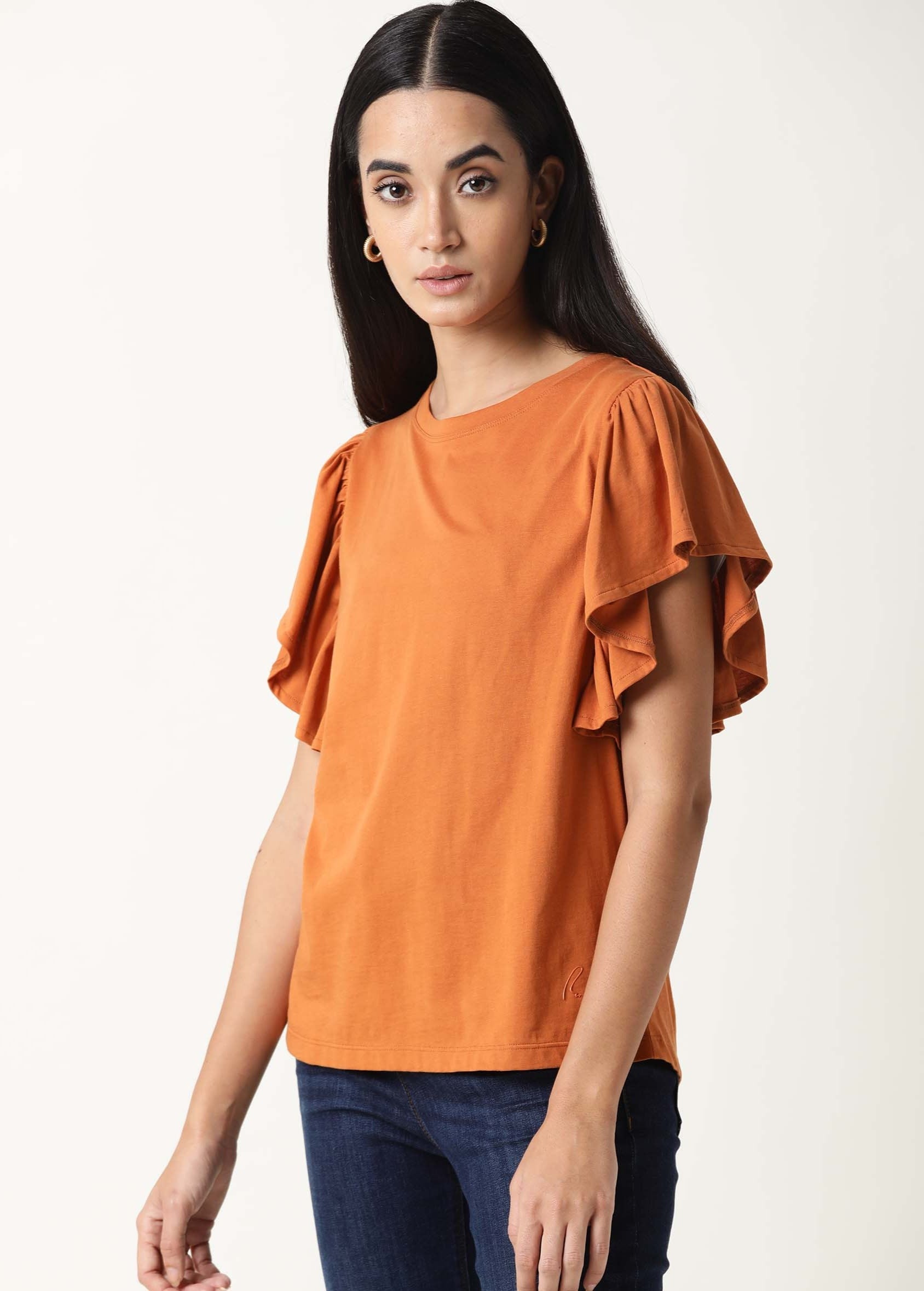 Rareism Womens Yatch Orange Top Cotton Fabric Regular Fit Ruffled Sleeves Crew Neck