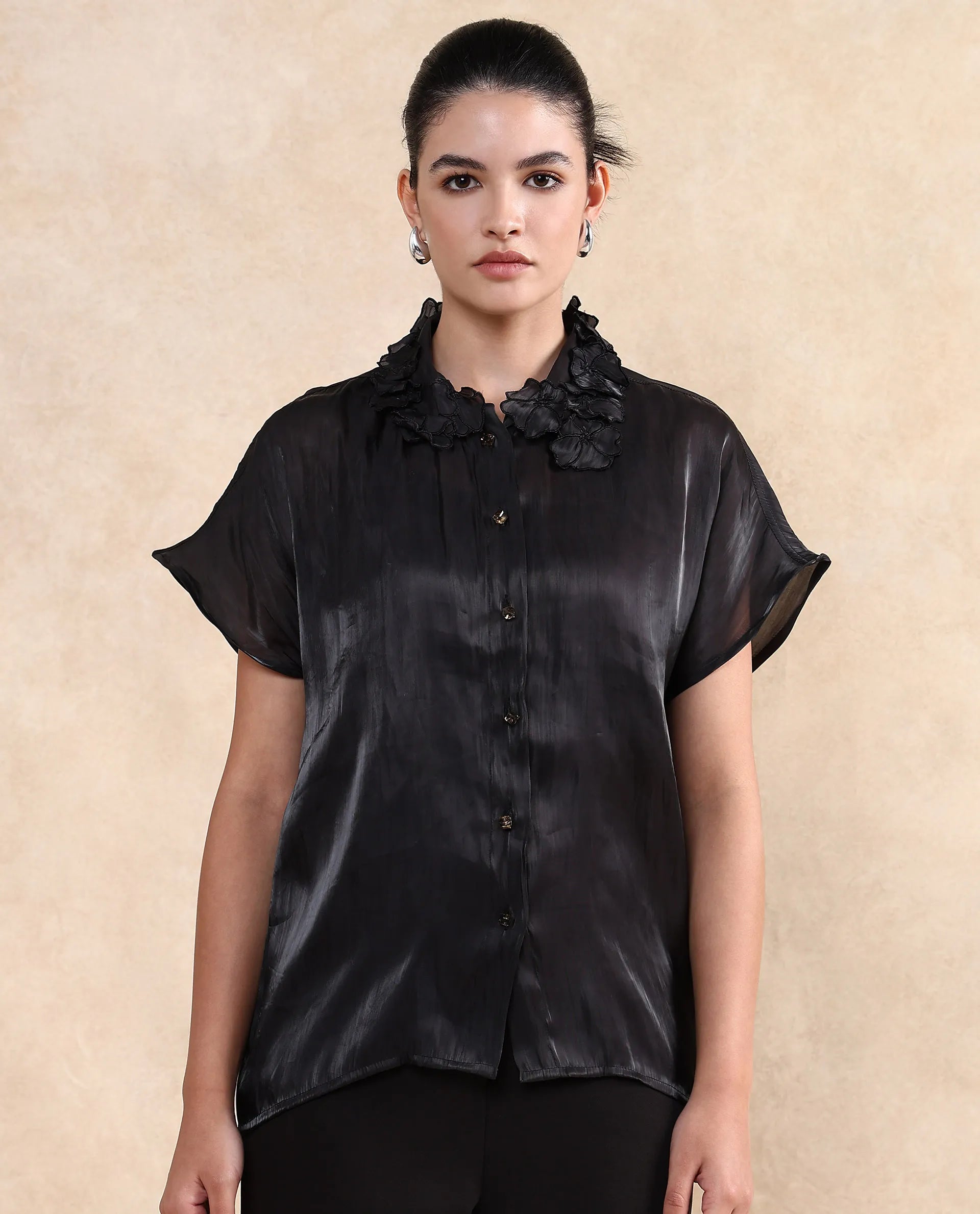 Rareism Women Varfa Black Short Sleeve Collared Neck Button Closure Boxy Fit Plain Shirt