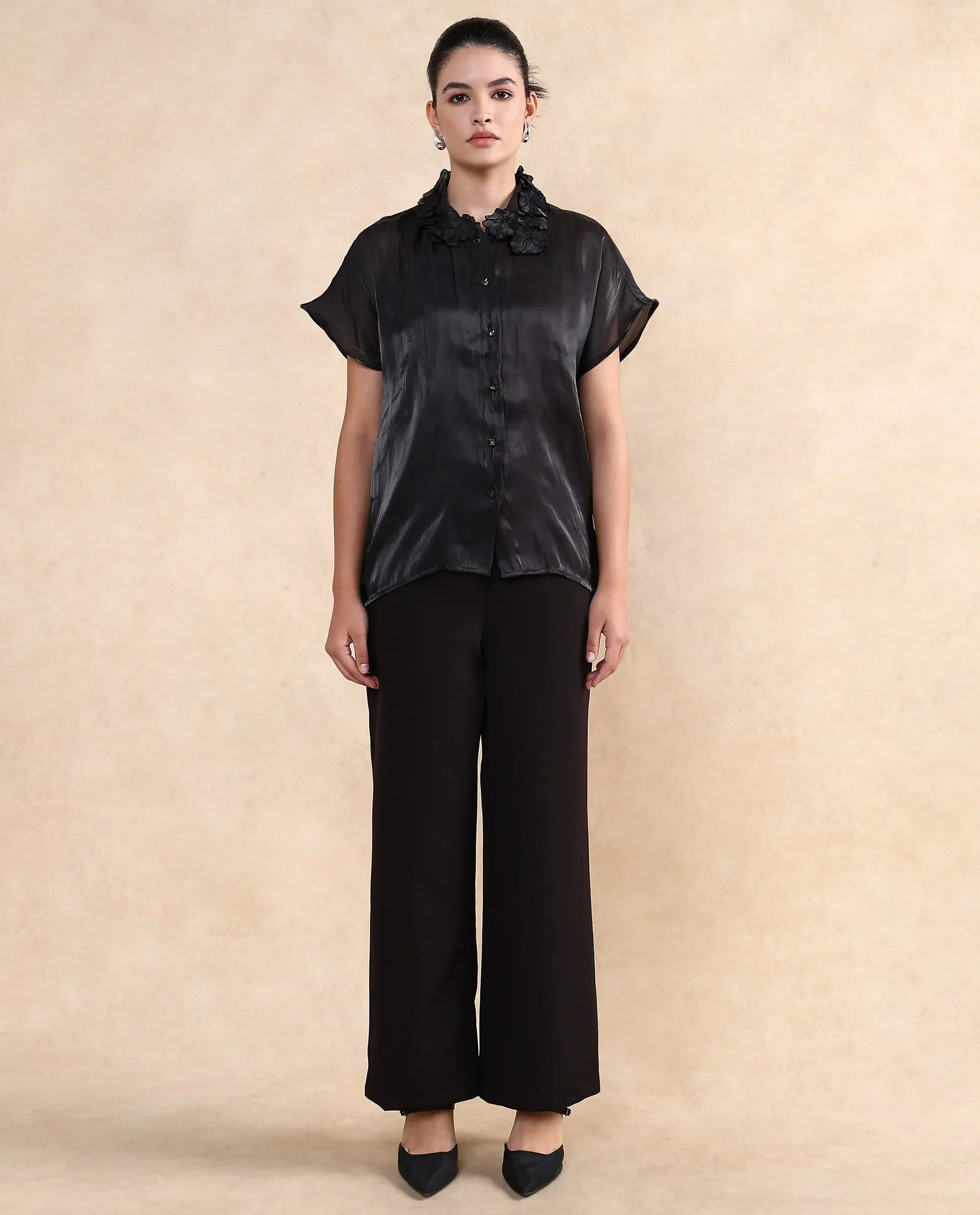 Rareism Women Varfa Black Short Sleeve Collared Neck Button Closure Boxy Fit Plain Shirt