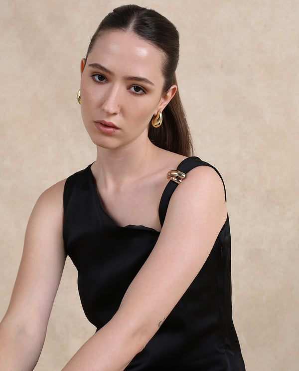 Rareism Women Vaxter Black Sleeveless Asymmetric Neck Zipper Closure Plain Top