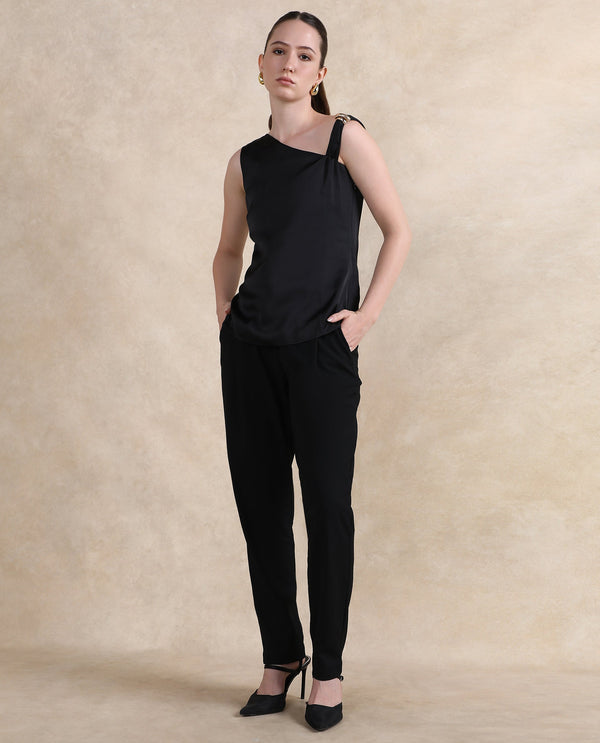 Rareism Women Vaxter Black Sleeveless Asymmetric Neck Zipper Closure Plain Top