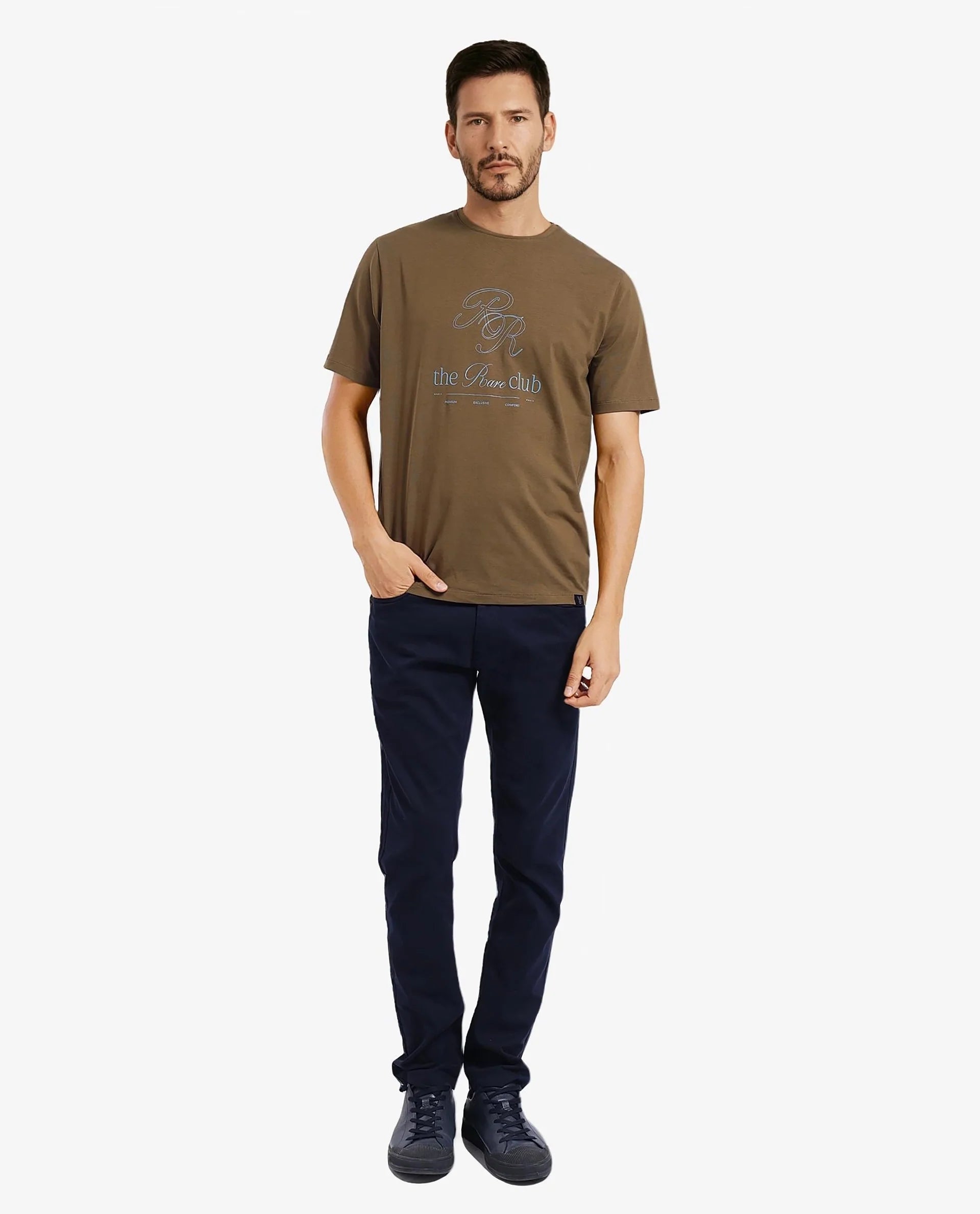 Rare Rabbit Men Vin Dark Green Cotton Lycra Fabric Short Sleeve Crew Neck Regular Fit HD Print T-Shirt