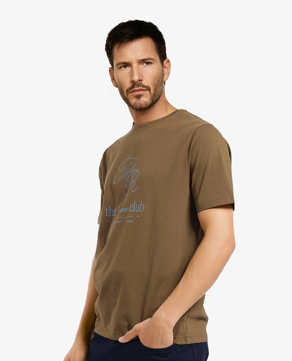 Rare Rabbit Men Vin Dark Green Cotton Lycra Fabric Short Sleeve Crew Neck Regular Fit HD Print T-Shirt