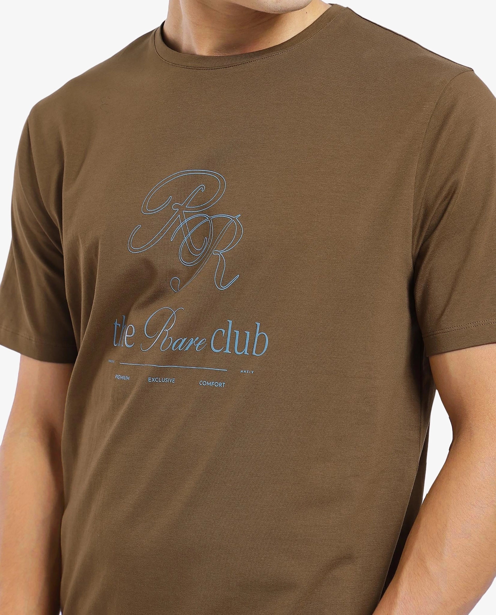 Rare Rabbit Men Vin Dark Green Cotton Lycra Fabric Short Sleeve Crew Neck Regular Fit HD Print T-Shirt