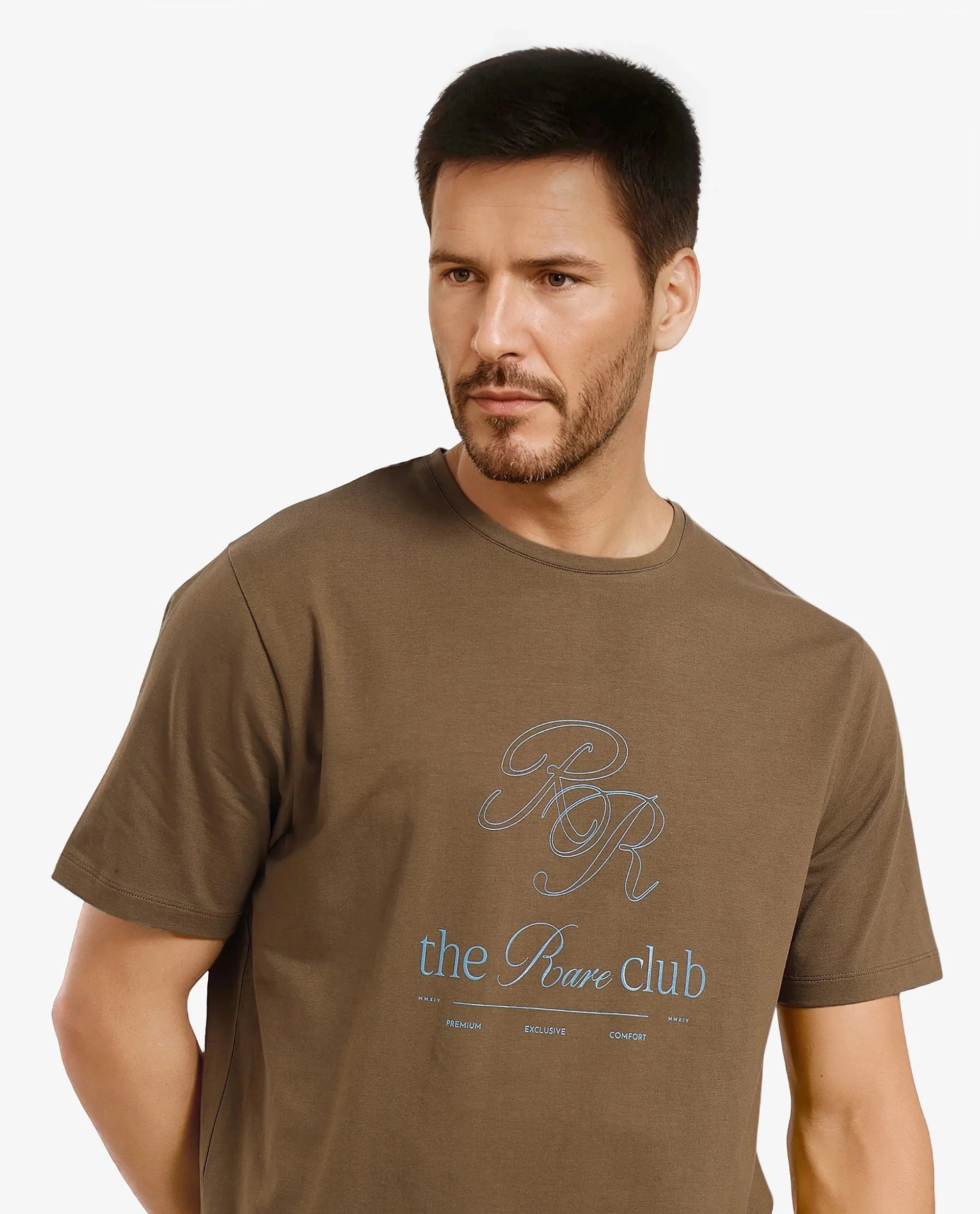 Rare Rabbit Men Vin Dark Green Cotton Lycra Fabric Short Sleeve Crew Neck Regular Fit HD Print T-Shirt