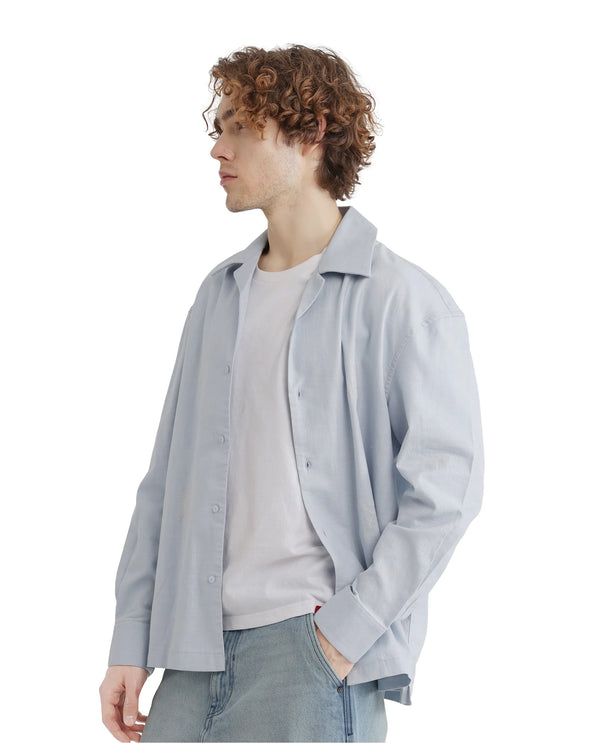 Rare Rabbit Men Virton Light Blue Cotton Fabric Cuban Collar Floral Embroidred Shirt