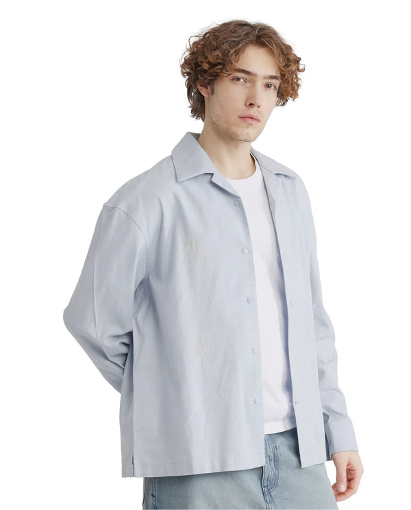 Rare Rabbit Men Virton Light Blue Cotton Fabric Cuban Collar Floral Embroidred Shirt