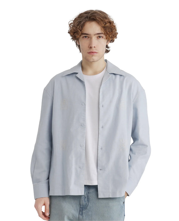 Rare Rabbit Men Virton Light Blue Cotton Fabric Cuban Collar Floral Embroidred Shirt