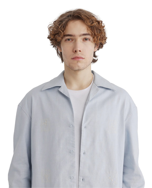 Rare Rabbit Men Virton Light Blue Cotton Fabric Cuban Collar Floral Embroidred Shirt