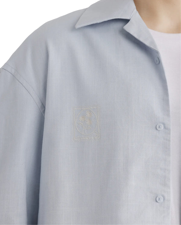 Rare Rabbit Men Virton Light Blue Cotton Fabric Cuban Collar Floral Embroidred Shirt