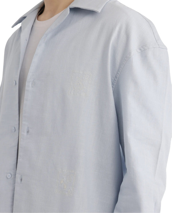 Rare Rabbit Men Virton Light Blue Cotton Fabric Cuban Collar Floral Embroidred Shirt