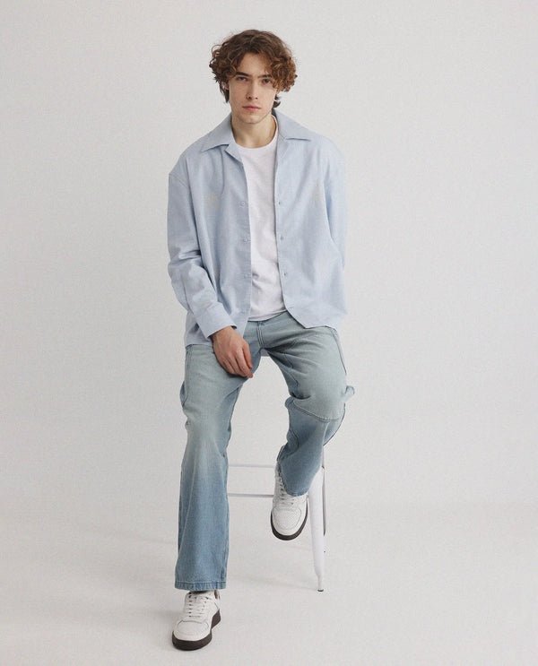 Rare Rabbit Men Virton Light Blue Cotton Fabric Cuban Collar Floral Embroidred Shirt