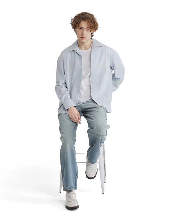 Rare Rabbit Men Virton Light Blue Cotton Fabric Cuban Collar Floral Embroidred Shirt