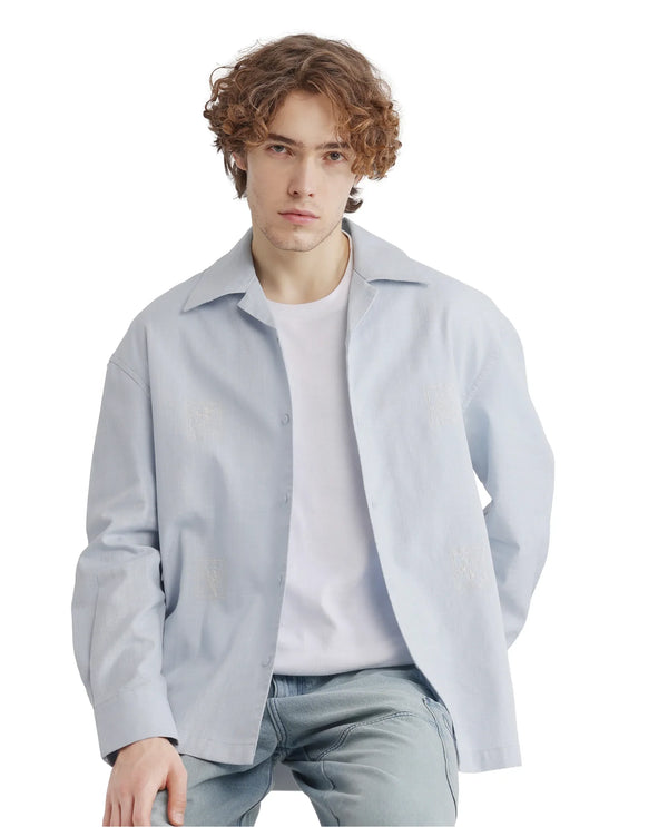 Rare Rabbit Men Virton Light Blue Cotton Fabric Cuban Collar Floral Embroidred Shirt