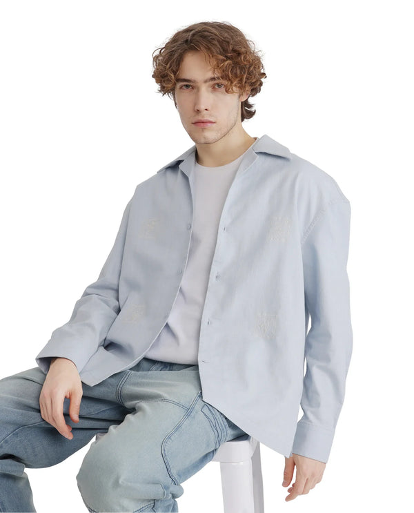 Rare Rabbit Men Virton Light Blue Cotton Fabric Cuban Collar Floral Embroidred Shirt