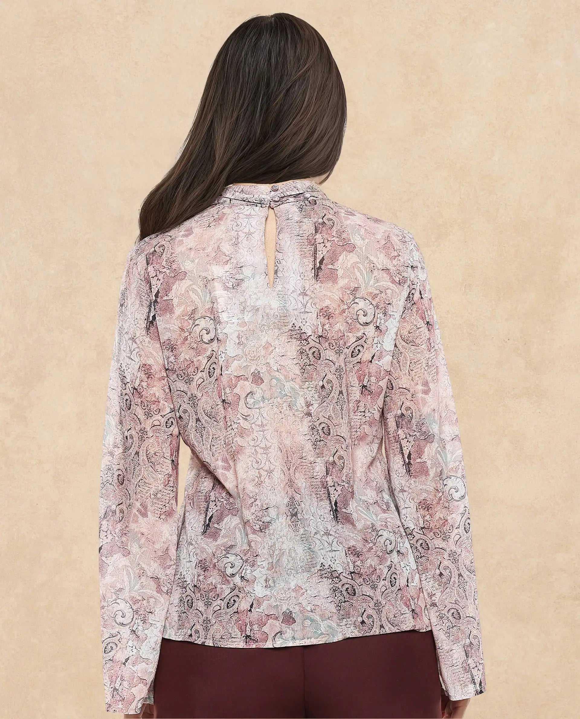 Rareism Women Vokasna Multi Bell Sleeves High Neck Button Closure Paisley Print Top