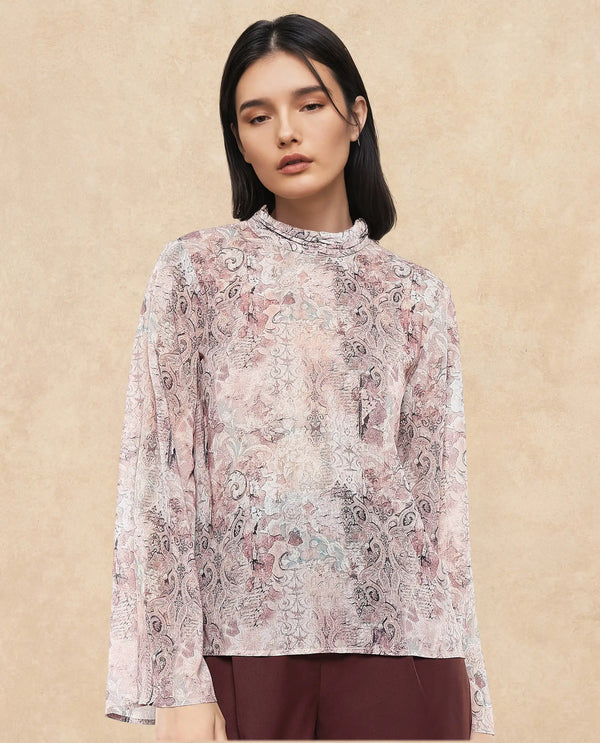 Rareism Women Vokasna Multi Bell Sleeves High Neck Button Closure Paisley Print Top