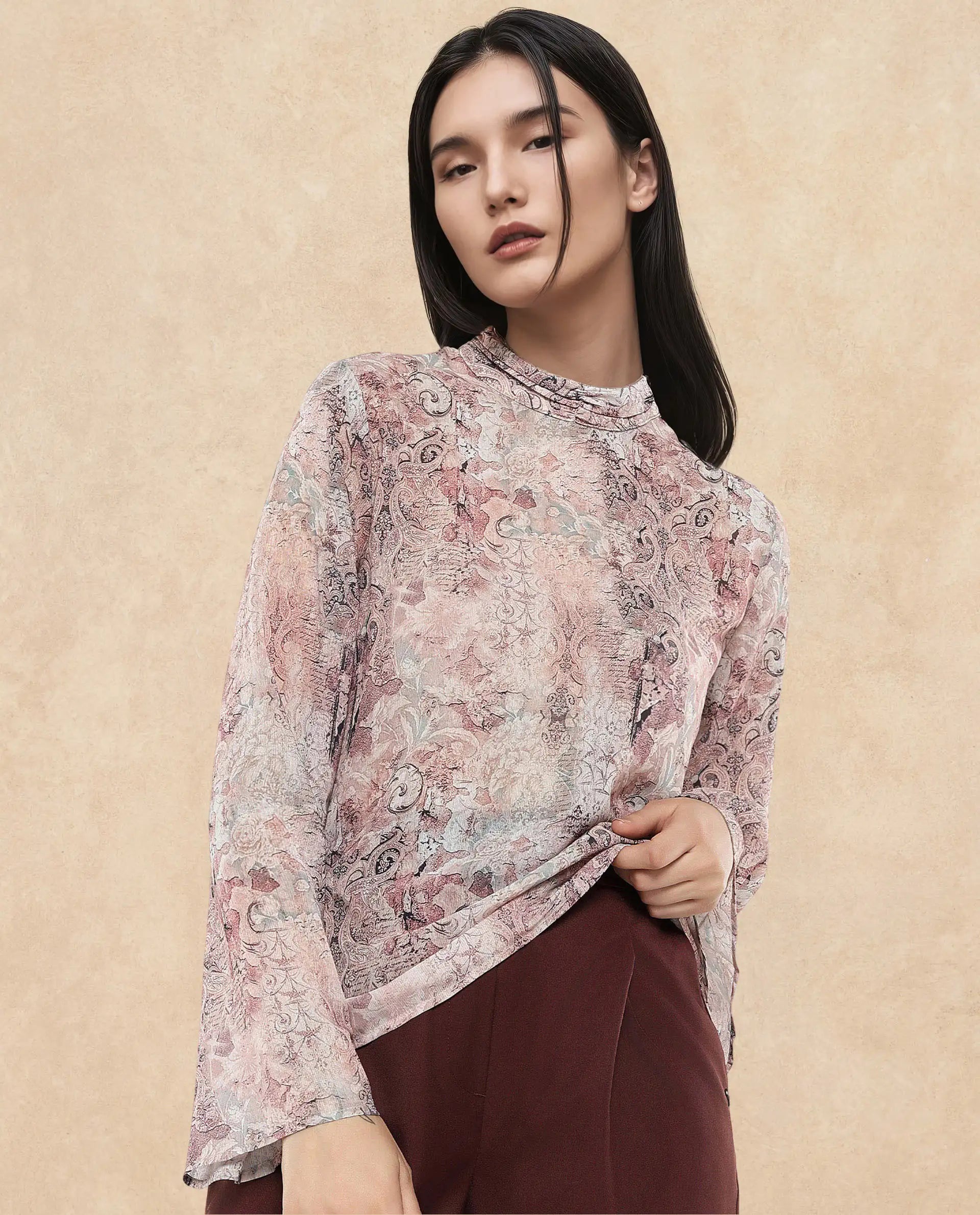 Rareism Women Vokasna Multi Bell Sleeves High Neck Button Closure Paisley Print Top