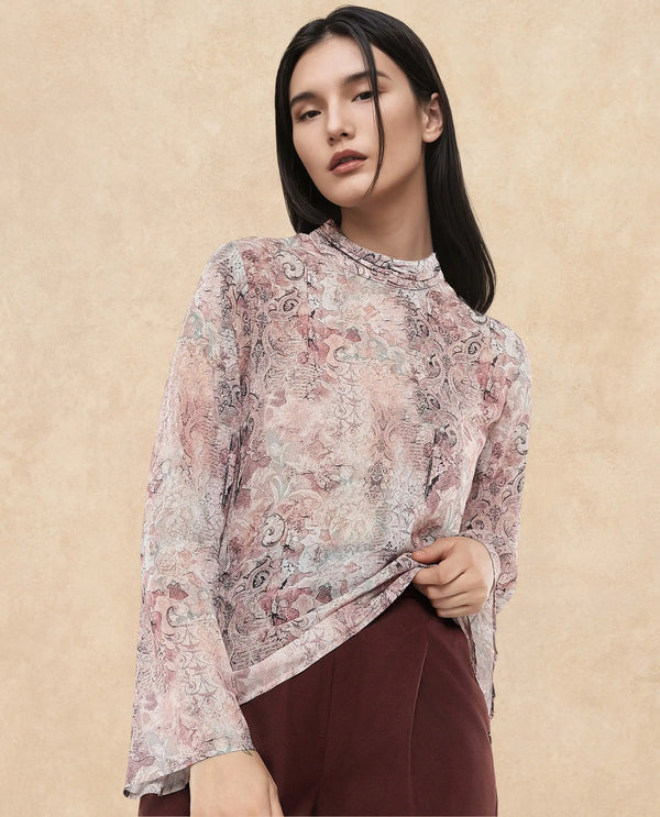 Rareism Women Vokasna Multi Bell Sleeves High Neck Button Closure Paisley Print Top