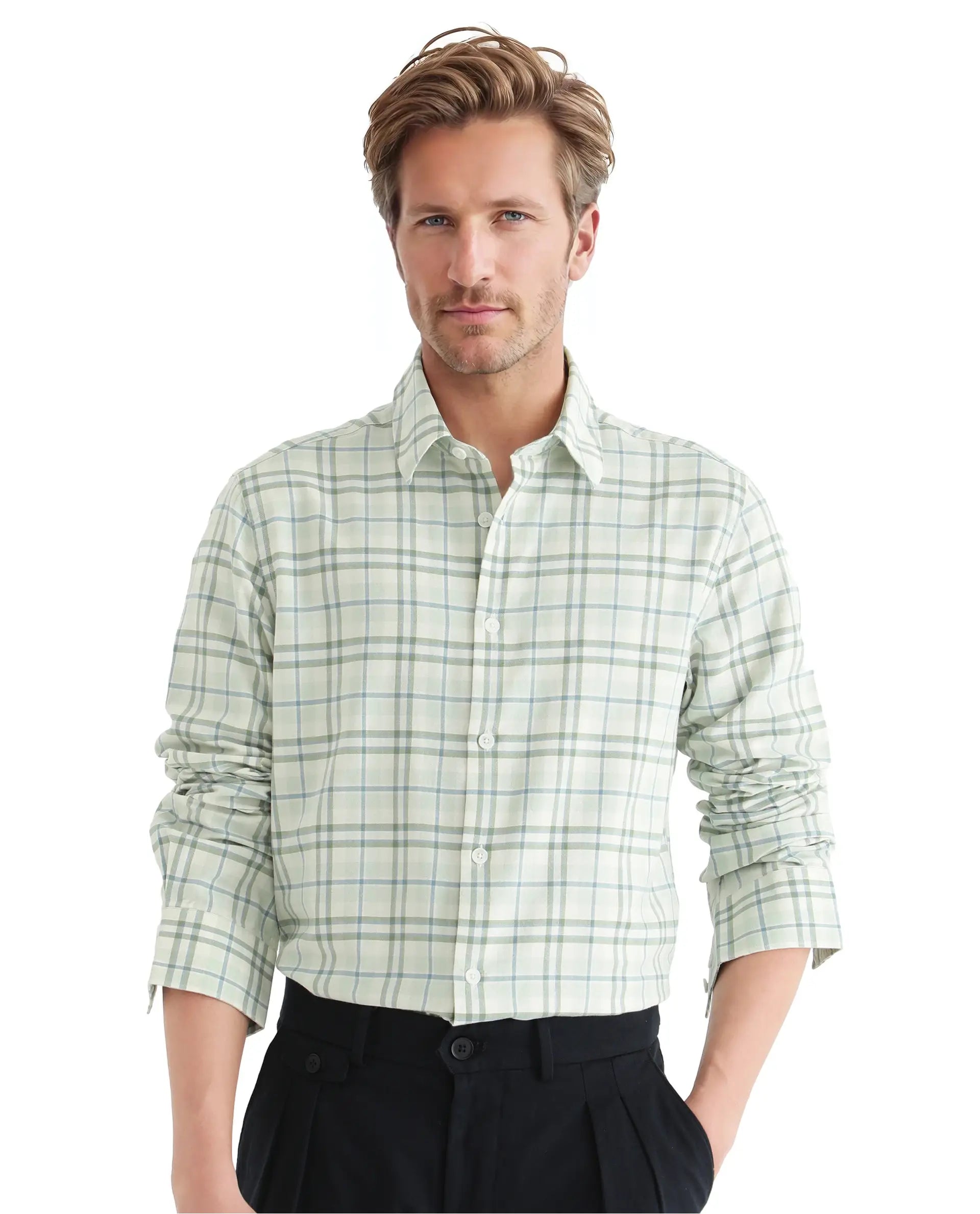 Rare Rabbit Men's Volgos Pastel Green Cotton Fabric Full Sleeve Regular Fit Check Printed ShirtClosure Printed Shirt