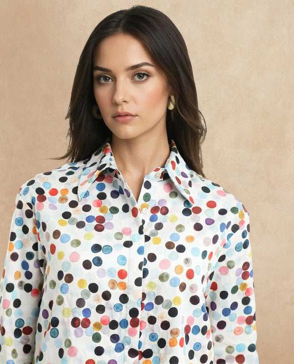 Rareism Women Wanice Light Multi Full Sleeve Collared Neck Button Closure Polka Print Top