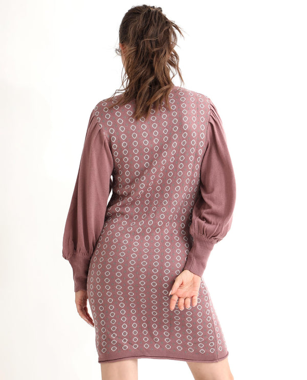 Rareism Women Web Pink Acrylic Fabric Full Sleeves Knee Length Regular Fit Geometric Print High Neck Sweater