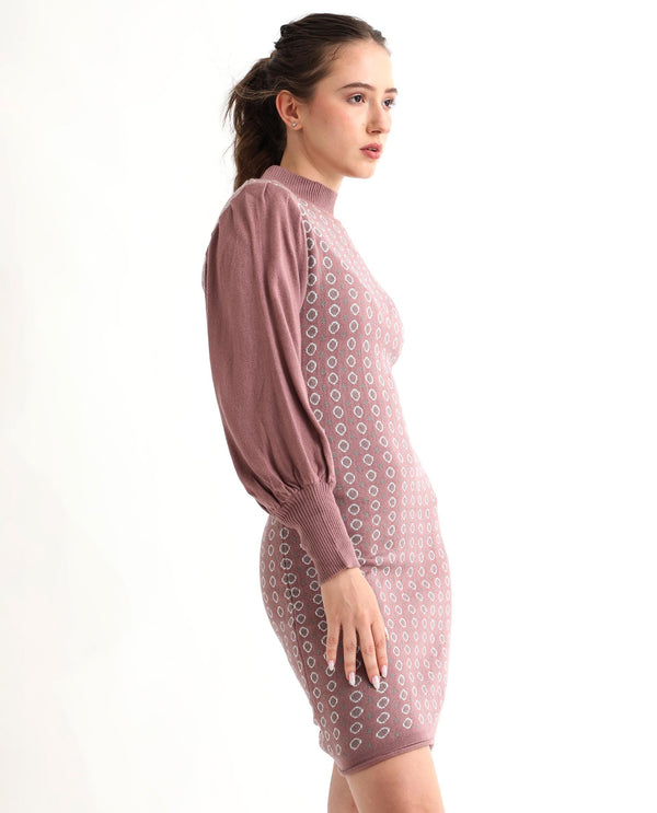 Rareism Women Web Pink Acrylic Fabric Full Sleeves Knee Length Regular Fit Geometric Print High Neck Sweater