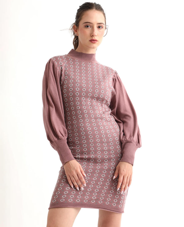 Rareism Women Web Pink Acrylic Fabric Full Sleeves Knee Length Regular Fit Geometric Print High Neck Sweater